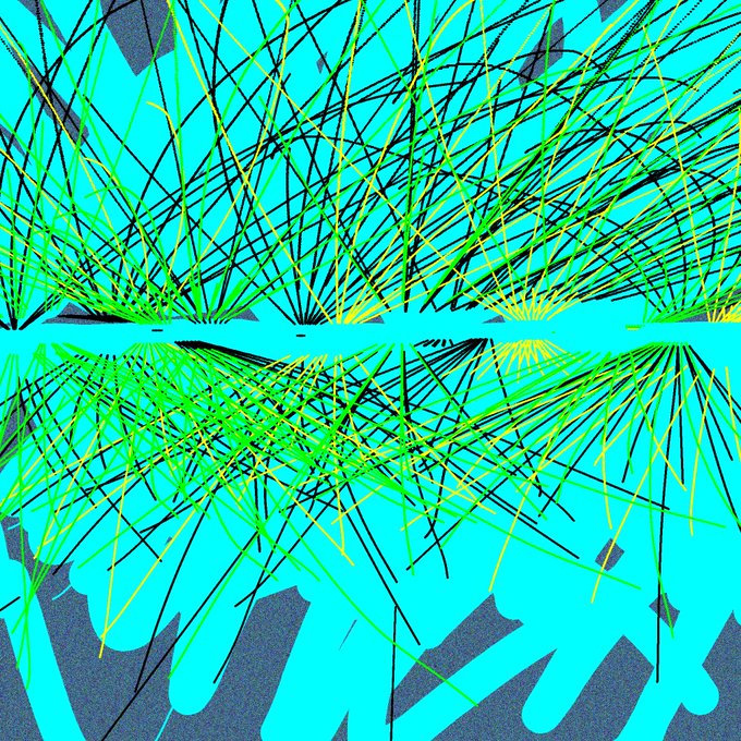 An abstract digital composition featuring a turquoise/cyan background with radiating lines in green, yellow, and black creating a chaotic, web-like pattern across the frame.