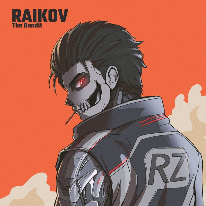 This image features an animated character named "Raikov The Bandit," depicted with a skull-like face and robotic elements, wearing a jacket with the "RZ" logo. The text and character design directly relate to the post introducing Raikov as a new pilot in the "Racerz world."