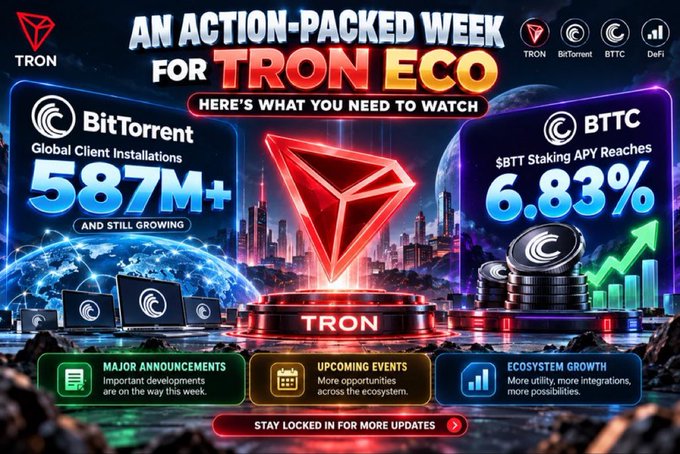 A promotional graphic titled 'AN ACTION-PACKED WEEK FOR TRON ECO' highlighting BitTorrent '587M+ AND STILL GROWING' global client installations and BTTC '$BTT Staking APY Reaches 6.83%', with sections for major announcements, upcoming events, and ecosystem growth.