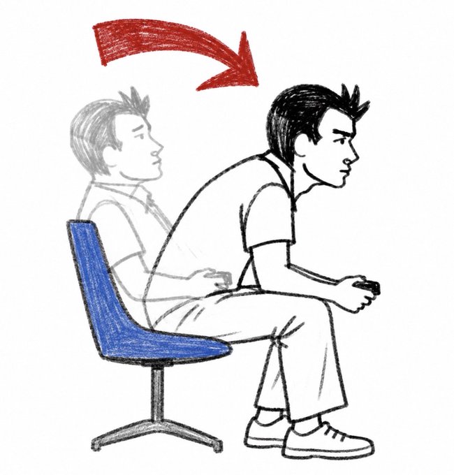 The illustration depicts a man transitioning from a slouched, passive seated position (shown in faded outline) to an alert, forward-leaning posture while gripping a game controller, with a red arrow emphasizing the movement upward. It visually reinforces the post's bullish "Uptober" sentiment for Bitcoin and Ethereum, symbolizing a shift from complacency to active engagement as crypto prices rise.