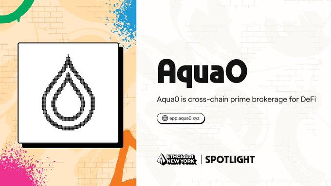 The main focus of this image is a logo featuring an abstract design with two lines that appear to be drops of different colors, one red and one blue. The background color of the image is orange or yellow-brownish hues, giving off a vibrant vibe. Below the logo, there's text written in black and white: "AquaO" stands for Aquoo, which could potentially indicate an online marketplace or trading platform related to cryptocurrencies like Ethereum. This suggests that the post on this social media post is about a new product or service offered by someone named @ETHGlobal, possibly sharing information about their product with the audience who has viewed and interacted with it through the Spotlight feature.