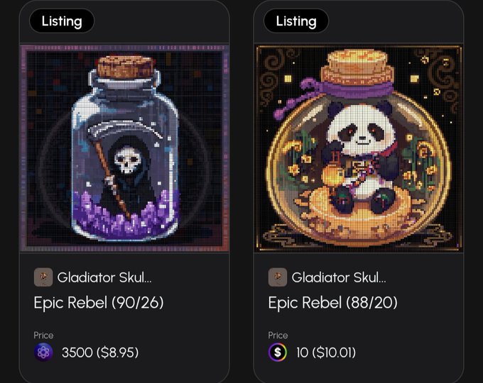 Two NFT listings for 'Gladiator Skul...' items titled 'Epic Rebel (90/26)' priced at 3500 ($8.95) and 'Epic Rebel (88/20)' priced at 10 ($10.01), showing pixel art of a grim reaper and a panda in bottles.