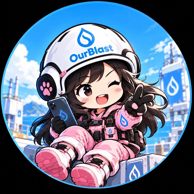 An anime-style chibi character wearing a white 'OurBlast' helmet and pink outfit, winking and making a peace sign while holding a phone, set against an industrial blue backdrop.