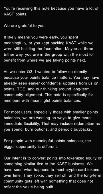A text note addressed to KAST points holders explaining the team's intent to convert points into tokenized equity or something similar, noting that 'points balance matters' and discussing Q3 updates.