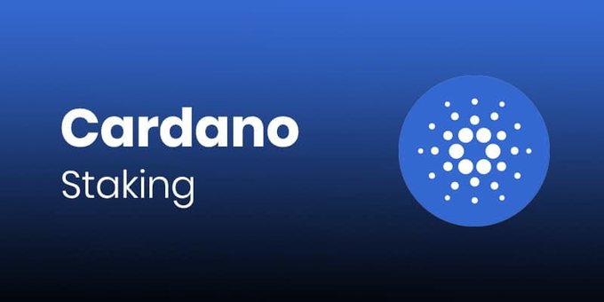 The image displays a blue gradient banner featuring the text "Cardano Staking" alongside the Cardano logo (a circular emblem of dots radiating outward). This visual reinforces the post's message by highlighting Cardano's non-custodial staking feature, which allows users to earn rewards while retaining control of their funds with no lock-up period.