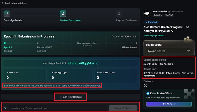 A screenshot of a Kaito Studio marketplace interface showing the Axis Content Creator Program with Epoch 1 in progress (Aug 19 - Sep 18, 2026), featuring an Axis Robotics and Katalyst campaign for physical AI content.