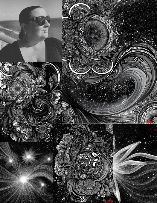 A black-and-white collage featuring a photo of a woman wearing sunglasses at the top left, surrounded by intricate zentangle-style artwork depicting celestial patterns, floral motifs, and swirling designs.