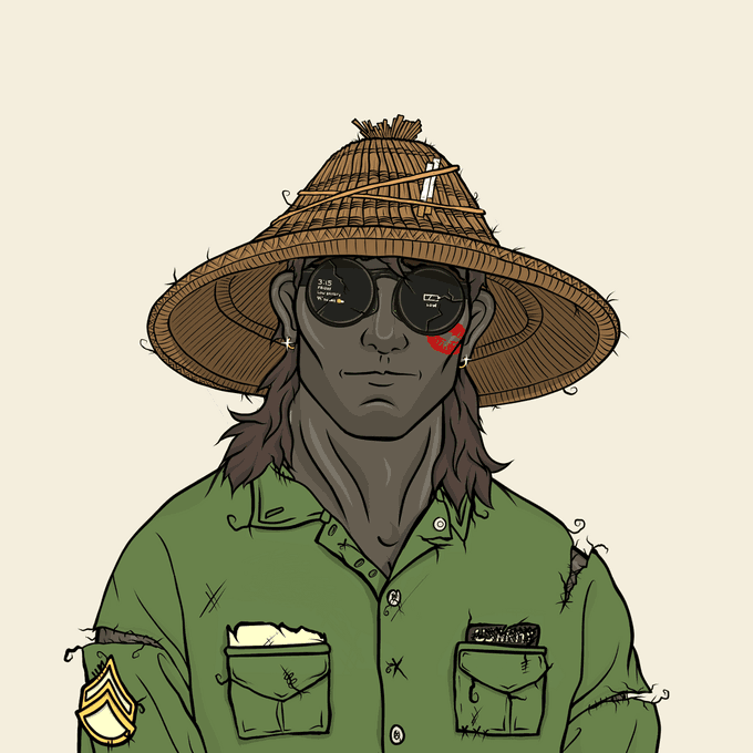 An illustration of a gaunt character wearing a straw hat, round sunglasses with digital reflections, a tattered green military-style shirt with sergeant stripes, and a red lipstick kiss mark on their cheek.