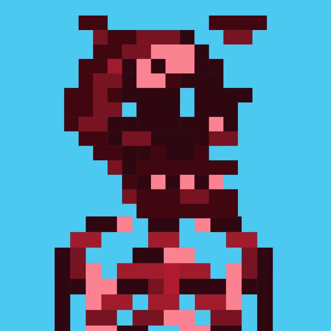 A red and dark maroon pixelated figure, possibly a stylized character, set against a light blue background.