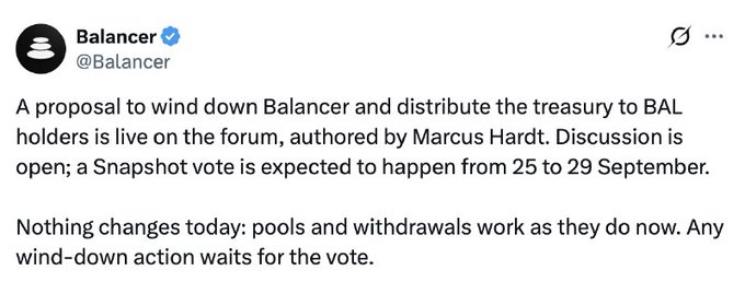 A tweet from verified account @Balancer announcing a proposal to wind down Balancer and distribute the treasury to BAL holders, with a Snapshot vote expected September 25-29.