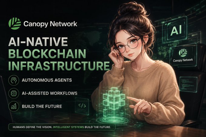 The image is a promotional banner for Canopy Network, featuring an illustrated woman with glasses and a bun interacting with a glowing green holographic blockchain cube. The text reads "AI-NATIVE BLOCKCHAIN INFRASTRUCTURE" with key features highlighted: "Autonomous Agents," "AI-Assisted Workflows," and "Build the Future," alongside the tagline "Humans define the vision. Intelligent systems build the future." The visual reinforces the post's message by symbolizing the human-AI collaboration behind Canopy Network's (@CNPYNetwork) vision of AI-driven blockchain infrastructure.