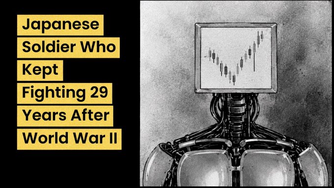 A thumbnail image showing a robot with a financial chart on its screen, overlaid with text reading "Japanese Soldier Who Kept Fighting 29 Years After World War II," humorously drawing a parallel between a soldier who continued fighting long after a war ended and people still waiting for a promised "mavanoids airdrop" that never arrived.