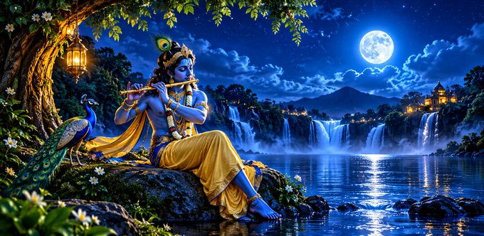 An artistic digital illustration of Lord Krishna playing a flute, seated on a rock beside a peacock, with waterfalls, a full moon, and an illuminated palace in the nighttime background.