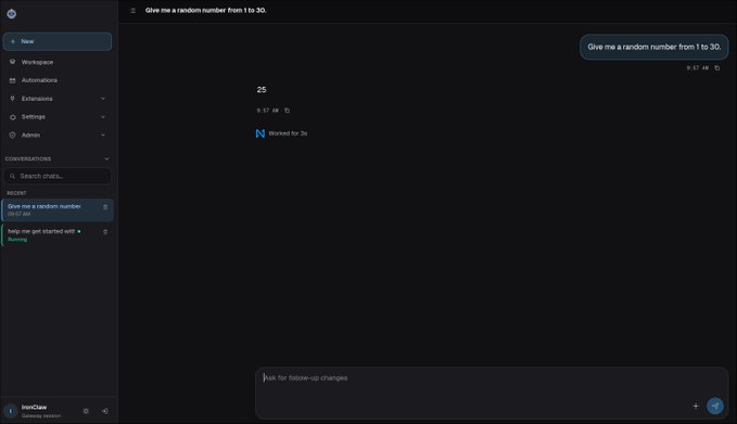 A screenshot of an AI chat interface (InConChat) where a user requested a random number from 1 to 30 and received the number 25, noting it 'Worked for 3s.'