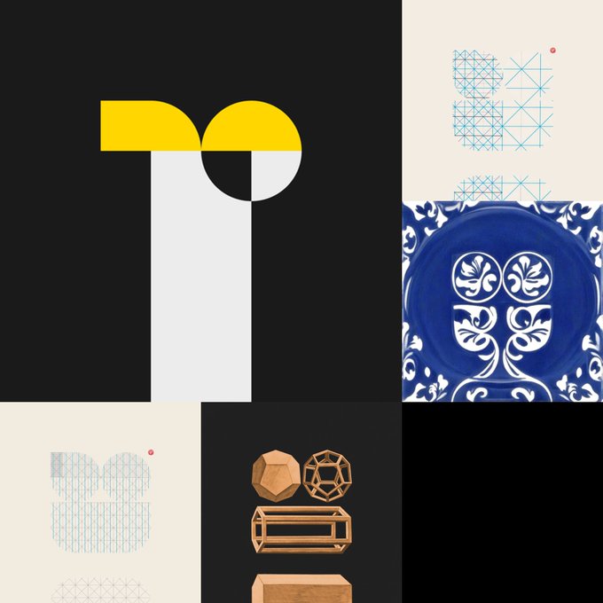 A collage featuring geometric and design elements including a stylized 'TP' logo, a blue and white ornate plate, geometric patterns, and wooden 3D shapes on black and cream backgrounds.