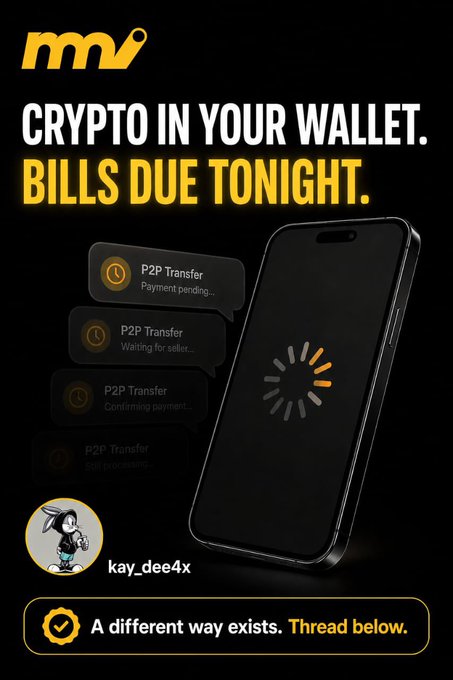 Marketing graphic for 'mv' with the headline 'CRYPTO IN YOUR WALLET. BILLS DUE TONIGHT.' It shows a smartphone with a loading spinner, P2P Transfer notification messages pending, payment waiting, and confirming, posted by 'kay_dee4x' with a callout 'A different way exists. Thread below.'