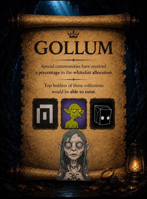 The image features a scroll with text that reads "Gollum" at the top, accompanied by three cartoon characters - a green elf, a white fairy, and a brown dragon. The scroll also includes information about a whitelist allocation for a game called "Funkari NFT".