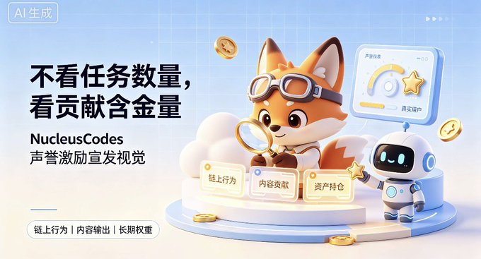 AI-generated promotional graphic for 'NucleusCodes' featuring a fox mascot with goggles, Chinese text '不看任务数量,看贡献含金量' (Don't look at task quantity, look at contribution quality), and labels for on-chain behavior, content contribution, and asset holding.