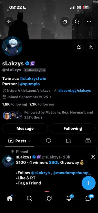 Twitter profile screenshot of @sLakzys, followed by McLovin, Rex, and Neymar, displaying a pinned post about a $100 $SOL giveaway.