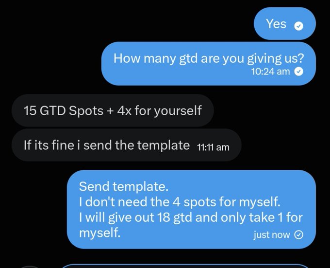 A text message exchange showing a conversation about NFT allocation, where one party offers 15 GTD spots plus 4 for themselves, and the other requests a template but adjusts to give 18 GTD and take only 1 for themselves, relating to the post about distributing 18 guaranteed spots for an upcoming Arc mainnet NFT.