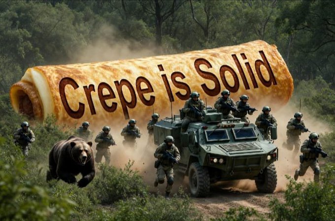 This surreal meme features a giant crepe with the text "Crepe is Solid" looming over a group of soldiers and a bear in a forest setting. The image serves as a visual metaphor for the accompanying post's claim that "$Crepe" is a "solid gem" with significant growth potential.