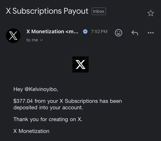 A screenshot of an email from X Monetization notifying user @Kelvinoyibo that $377.04 from their X Subscriptions has been deposited, shared to express gratitude toward Elon Musk for the payout.