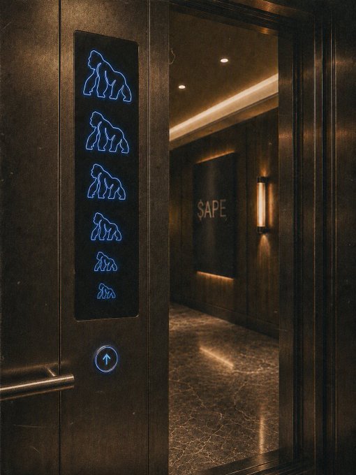An elevator with a panel of blue neon gorilla silhouettes showing floor levels, opening into a dimly lit 'SAPE' branded space.