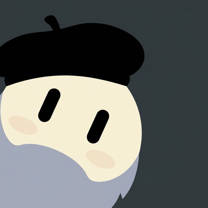 A minimalist digital illustration of a round, pale character wearing a black beret against a dark gray background.