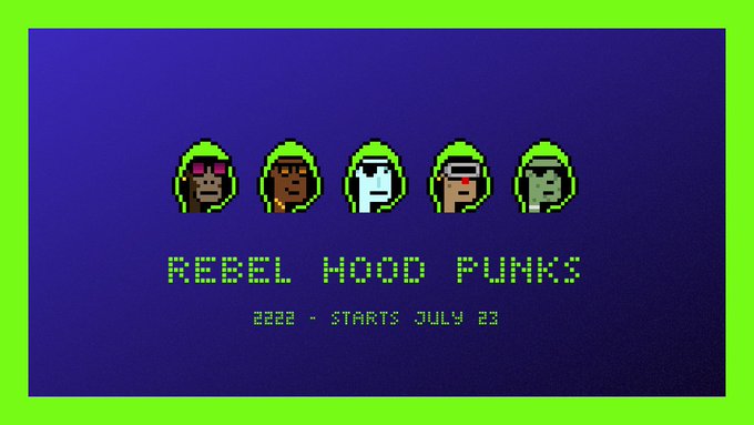 A pixel art promotional graphic for 'REBEL HOOD PUNKS' featuring five hooded characters with green outlines on a dark purple background, announcing '2022 - STARTS JULY 23'.