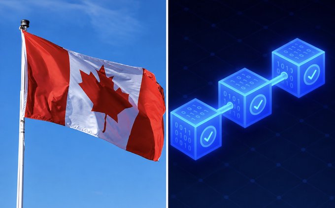 A Canadian flag waves on the left alongside a graphic of three blue blockchain blocks connected in sequence, each displaying binary code and a checkmark—illustrating the country's regulatory approval for banks to issue tokenized deposits on blockchain networks.