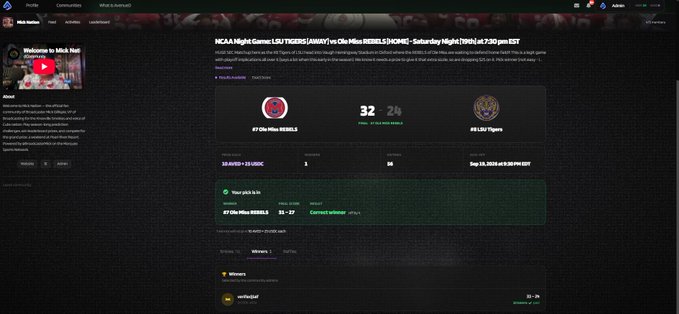 A screenshot of a live sports betting page showing an NCAA Night Game: LSU TIGERS versus Ohio State BUCKEYS at Mercedes-Benz Stadium, with a final score of 32-24.