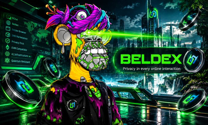 A vibrant promotional banner for 'BELDEX' cryptocurrency featuring a colorful monkey character with green glowing eyes and laser beam, set against a futuristic cyberpunk cityscape with the tagline 'Privacy in every online interaction'.