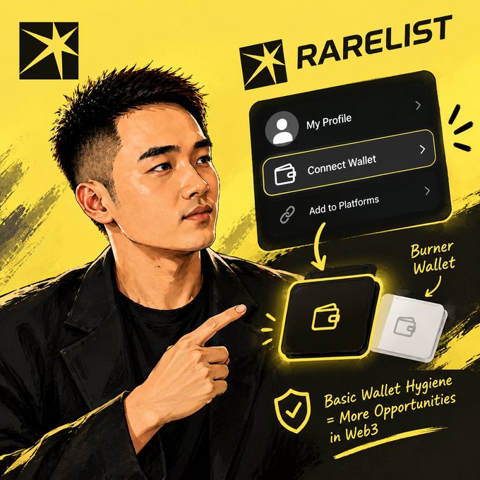 A yellow and black promotional graphic for 'RARELIST' featuring a man in a black jacket pointing to UI elements showing 'Connect Wallet' and 'Add to Platforms' options, with text emphasizing 'Basic Wallet Hygiene = More Opportunities in Web3' and illustrating the concept of a 'Burner Wallet'.