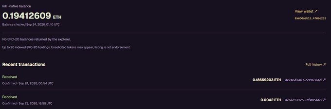 A screenshot of a cryptocurrency wallet showing a balance of 0.19412609 ETH with recent transactions, balance checked on Sep 24, 2026.