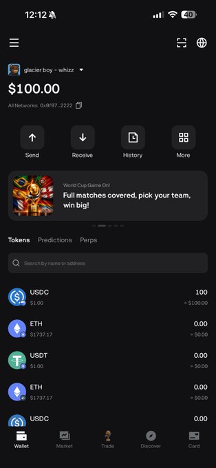 The image shows a cryptocurrency wallet app interface displaying a balance of $100.00 under the account "glacier boy - whizz," with a token list featuring USDC (100), ETH, and USDT holdings, alongside navigation tabs for Tokens, Predictions, and Perps. The screenshot illustrates the wallet mentioned in the post, highlighting the integrated prediction markets and perps trading features that surprised the user.