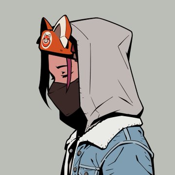 An illustration of a stylized character wearing an orange fox mask with white horns, a gray hoodie, and a denim jacket, looking to the side.
