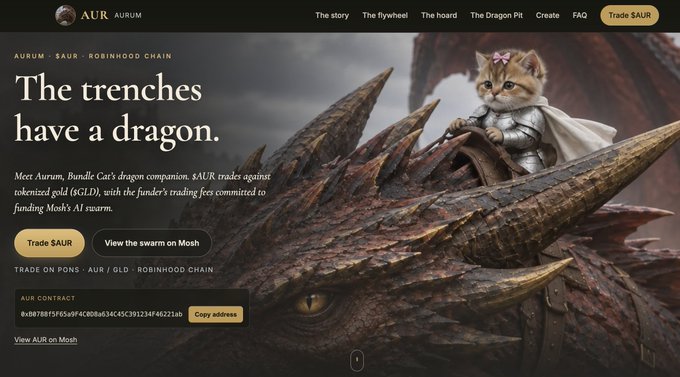 The image shows the AURUM ($AUR) website homepage featuring a fluffy kitten dressed as a knight riding a large dragon, with the tagline "The trenches have a dragon" and information about trading $AUR against tokenized gold ($GLD) on the Robinhood Chain. It also displays a contract address (0xB078f15F65a9f4C808a634C394C91234F46221ab) and "Trade $AUR" and "View the swarm on Mosh" buttons, directly illustrating the newly launched site mentioned in the post.