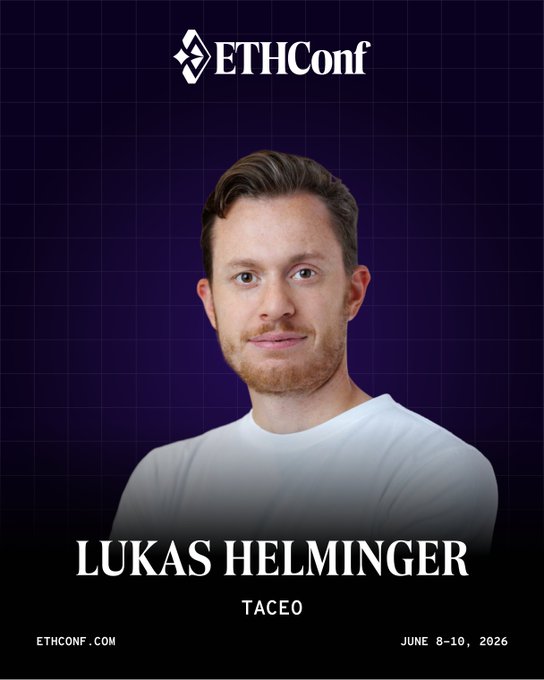The image features a man wearing a white shirt who appears to be smiling at the camera. The text "Luka Helminger" is written above him, indicating that he is the speaker for the upcoming EthConf conference. The event takes place in June 8-10, 2020 and is scheduled to last for 14 days. It will be held in NYC.