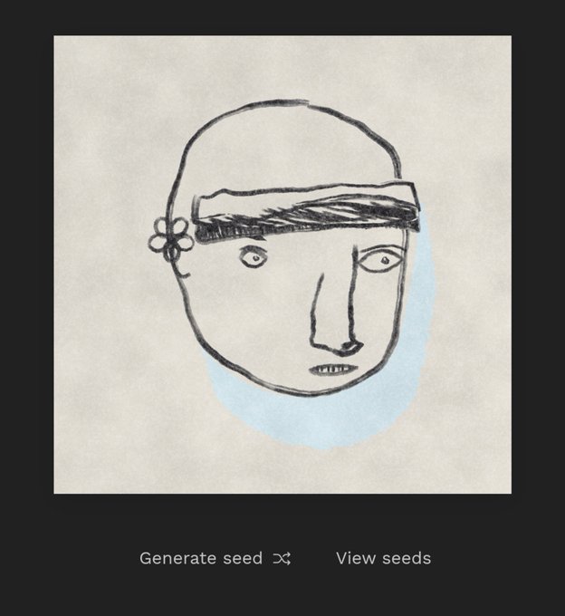 A simple sketch of a face wearing a blindfold with a small flower detail, displayed as a generated "Naive" seed on the Verse Works platform, with "Generate seed" and "View seeds" buttons below. The image illustrates the seed-generation step in the minting process for the Naive collection.