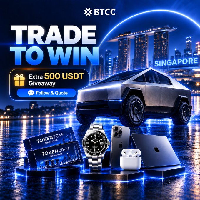 This BTCC promotional image advertises a "Trade to Win" giveaway featuring prizes like a Tesla Cybertruck, Rolex watch, Apple devices, and Token2049 Singapore tickets, plus an extra 500 USDT bonus for following and quoting—visually reinforcing the post's call to "join and get the big reward!!" by showcasing the luxurious incentives on offer.