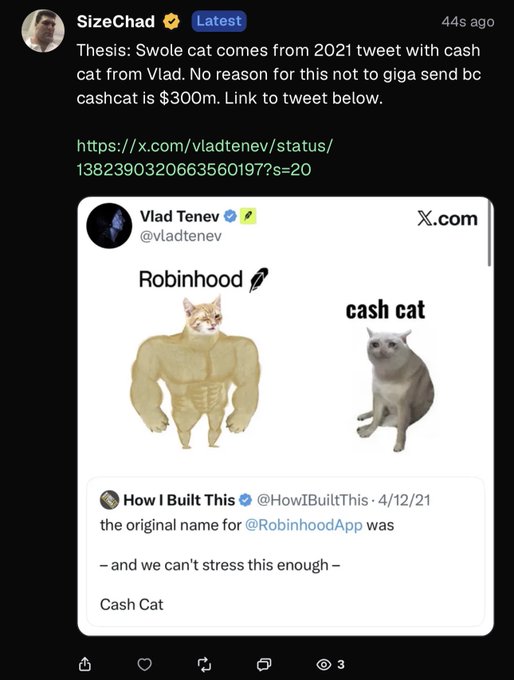 A Twitter/X post from SizeChad discussing the 'Swole cat' meme and its origin, quoting a tweet from @vladtenev showing a muscular cat meme labeled 'Robinhood' and 'cash cat'.