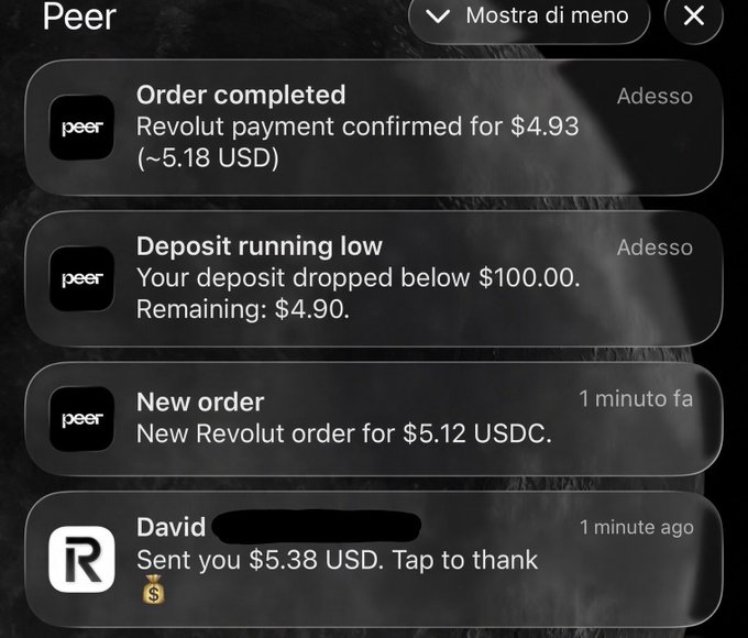 A smartphone notification screen displays four alerts: an order completed via Revolut for $4.93, a low deposit warning with $4.90 remaining, a new Revolut order for $5.12 USDC, and a message from 'David' who sent $5.38 USD.