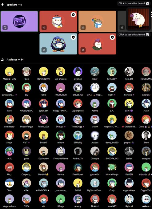 A screenshot of a virtual Discord-style event showing 6 speakers with cartoon avatars at the top and a grid of 84 audience member avatars below.