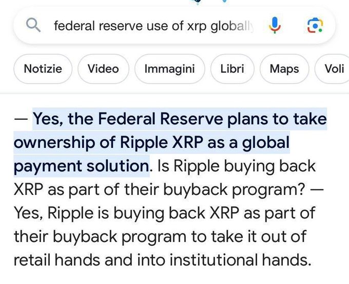 A Google search results page in Italian shows a snippet stating 'Yes, the Federal Reserve plans to take ownership of Ripple XRP as a global payment solution' regarding a search about 'federal reserve use of xrp globally'.