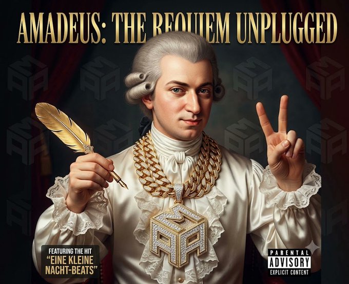 An album cover parody titled 'AMADEUS: THE REQUIEM UNPLUGGED' featuring a classical figure in period attire with gold chains and large jeweled pendant, holding a quill pen and making a peace sign, with stickers reading 'FEATURING THE HIT "EINE KLEINE NACHT-BEATS"' and a 'PARENTAL ADVISORY EXPLICIT CONTENT' label.