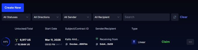 A cryptocurrency wallet interface showing a list of claims/transactions, including a pending claim of 6,917 US from Kaito Airdrop scheduled for Mar 11, 2026.