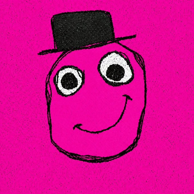 A hand-drawn, cartoonish smiley face in bright pink with wide eyes and a black top hat, visually representing the playful "Pink Guy" or "Pink with a Hat" meme aesthetic. The image aligns with the post by embodying the whimsical, meme-driven spirit of the $PINK Pumpfun charity token supporting breast cancer research.