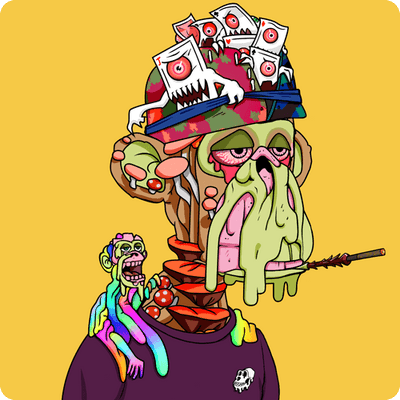 A surreal cartoon illustration of a zombie-like character with green melting skin, a hat topped with small white monsters holding eyeballs, and a tiny zombie on his shoulder wearing rainbow clothing, against a yellow background.