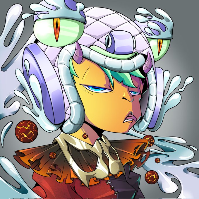 Digital illustration of a stylized character with teal hair, yellow skin, and an elaborate futuristic helmet featuring large green eye-like orbs and mechanical tentacle appendages.
