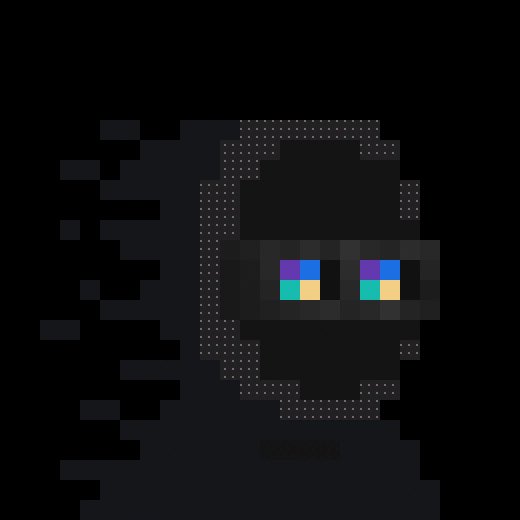 A pixel art image of a shadowy figure with colorful, glowing eyes on a black background.
